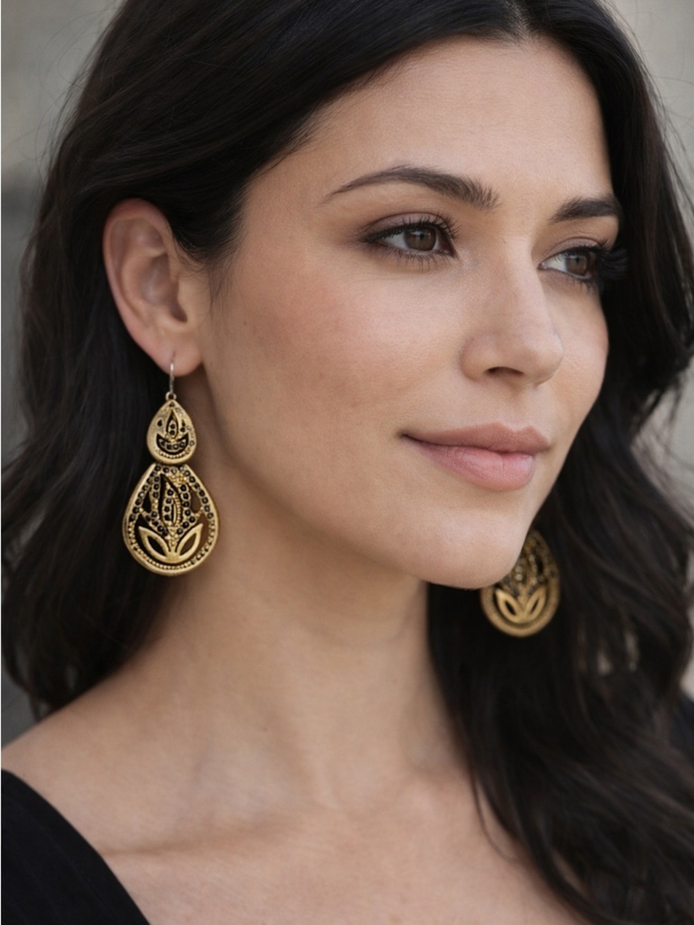 Gold Filigree Rhinestone Drop Earrings Statement Boho Vintage Style